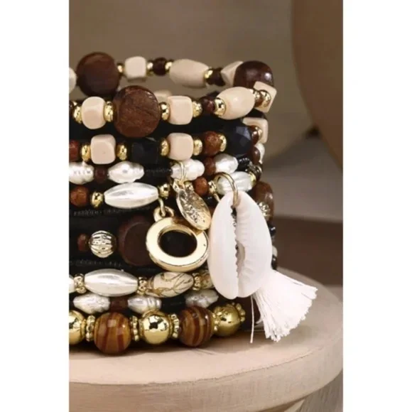 Brown 10 Layered Bohemian Stack Stretch Bracelet Set w/ Charms Cowrie Tassel - Picture 4 of 4